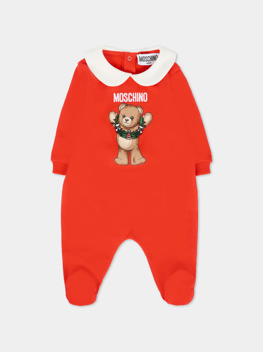 Tutina rossa per neonati con Teddy Bear e ghirlanda natalizia,Moschino Kids,MYY037 LCA14 50109