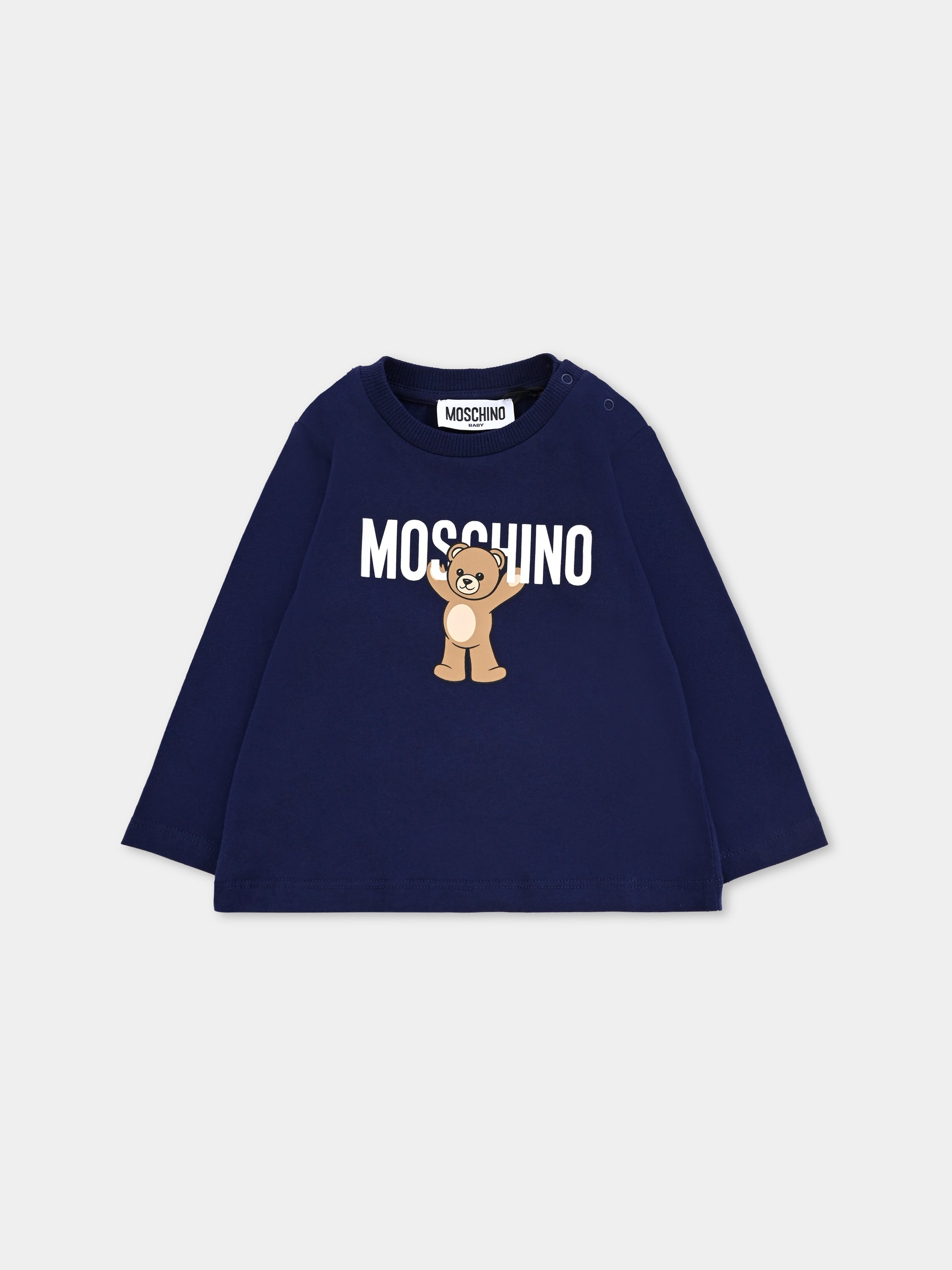 T-shirt blu per neonati con logo e Teddy Bear,Moschino Kids,MZO00R LAA10 40016