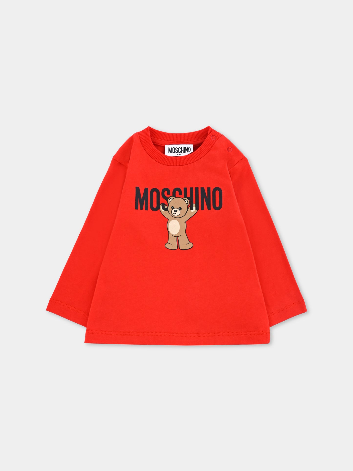 T-shirt rossa per neonati con logo e Teddy Bear,Moschino Kids,MZO00R LAA10 50109