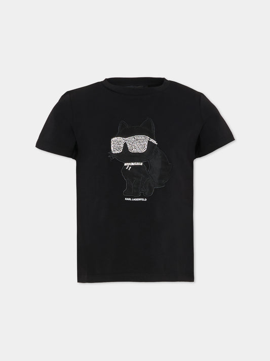 T-shirt nera per bambina con Choupette e strass,Karl Lagerfeld Kids,Z30945 09B