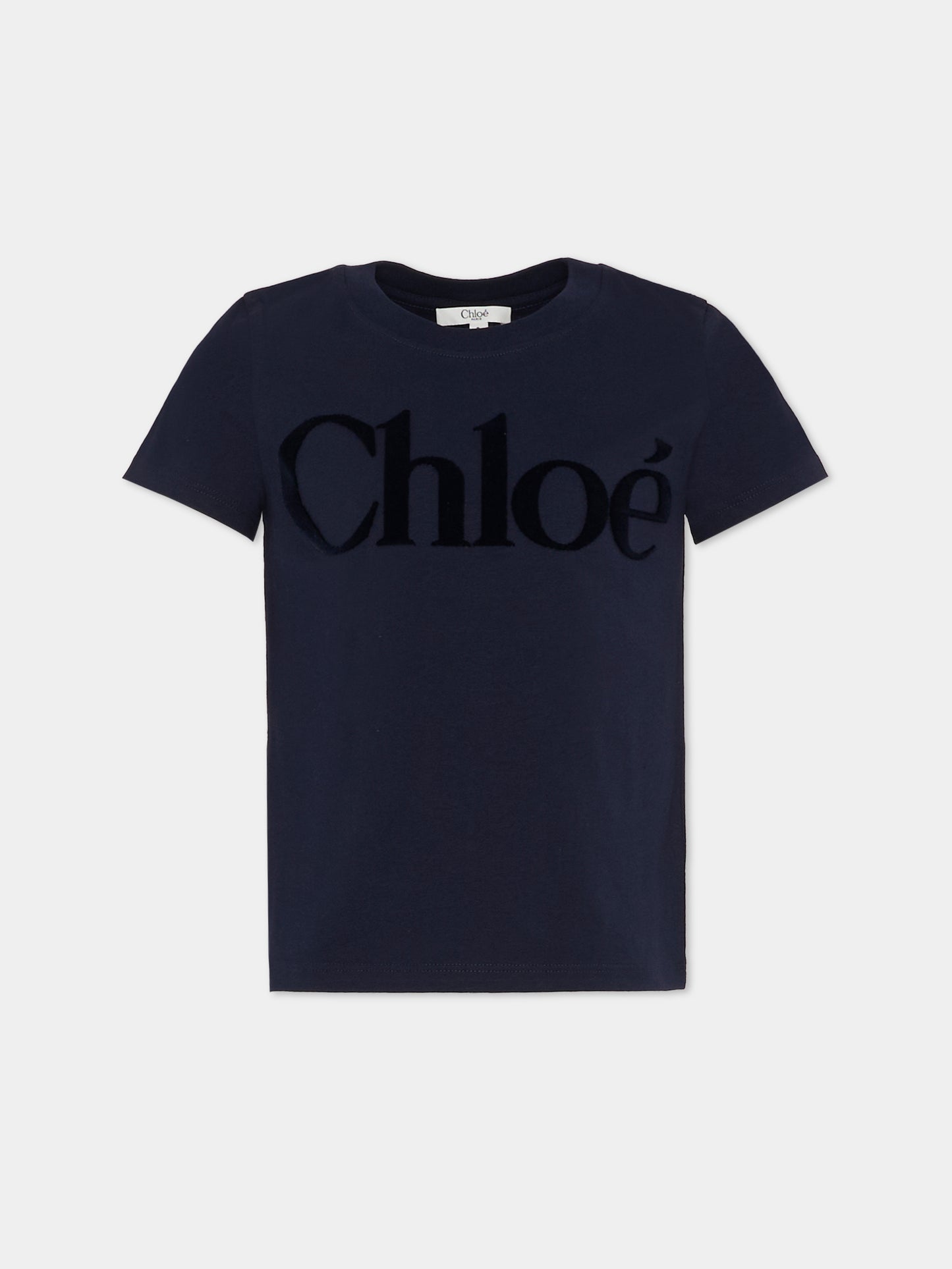 T-shirt blu per bambina con logo in velluto,Chloé Kids,C20652 859