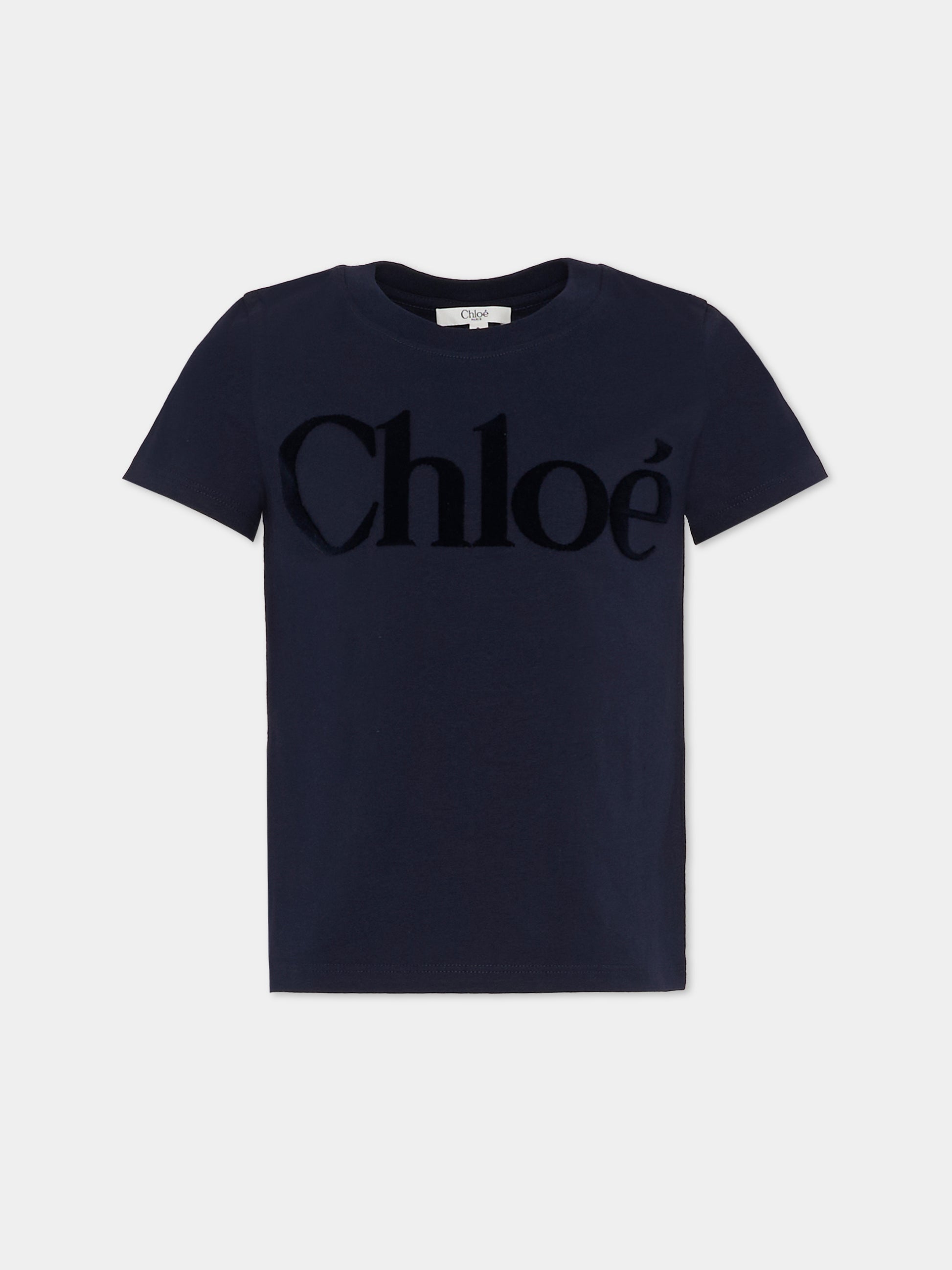 T-shirt blu per bambina con logo in velluto,Chloé Kids,C20652 859