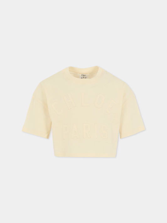 T-shirt crop avorio per bambina con logo,Chloé Kids,C20658 148
