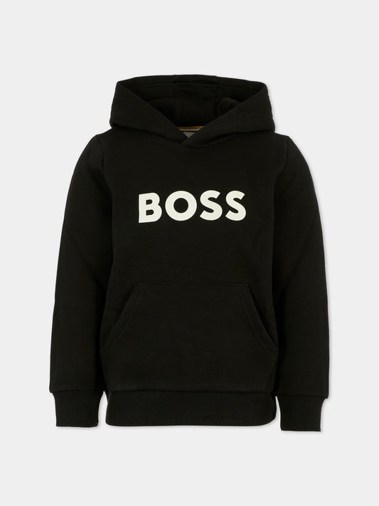 Felpa nera per bambino con logo bianco,Boss,J52351 09B