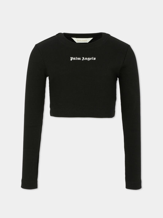 T-shirt crop nera per bambina con logo,Palm Angels,PGAB006F25JER0011003