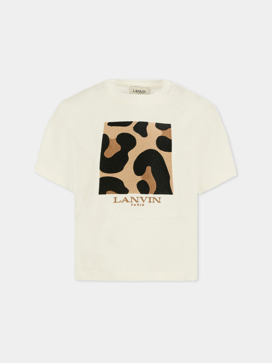 T-shirt avorio per bambina con stampa leopardata,Lanvin Petite,N30256 117