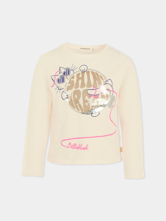 T-shirt avorio per bambina con gatto,Billieblush,U21405 121