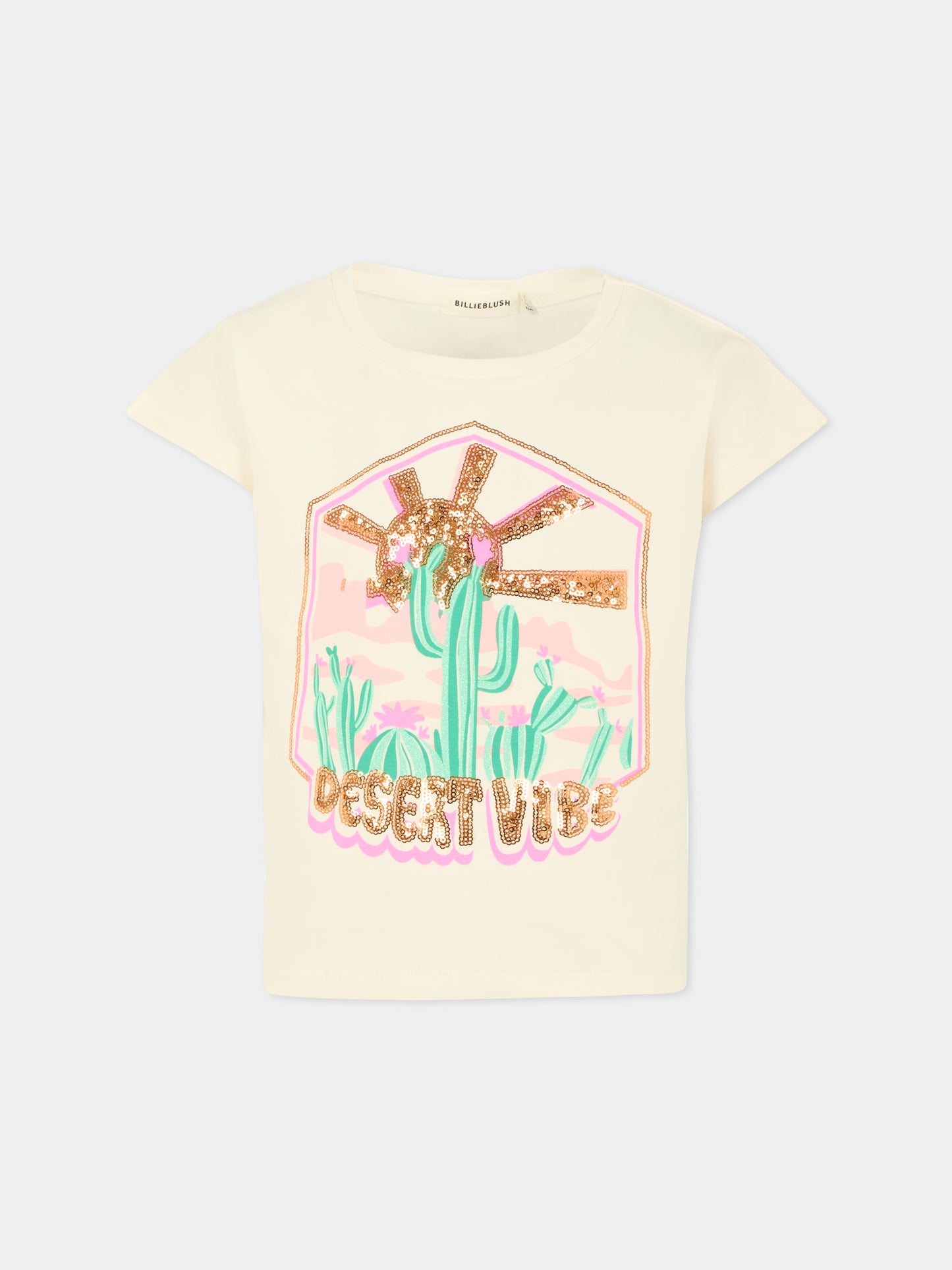 T-shirt avorio per bambina con cactus,Billieblush,U21422 121
