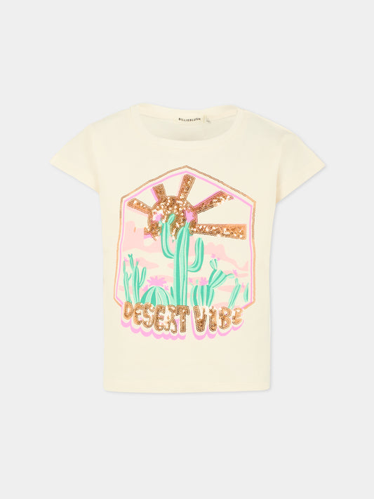 T-shirt avorio per bambina con cactus,Billieblush,U21422 121