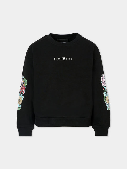 Felpa nera per bambina con logo e fiori,Richmond,RGA25089FE BLACK