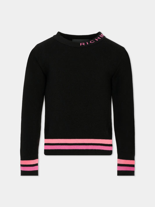 Maglione nero per bambina con logo fucsia,Richmond,RGA25214MA BLACK