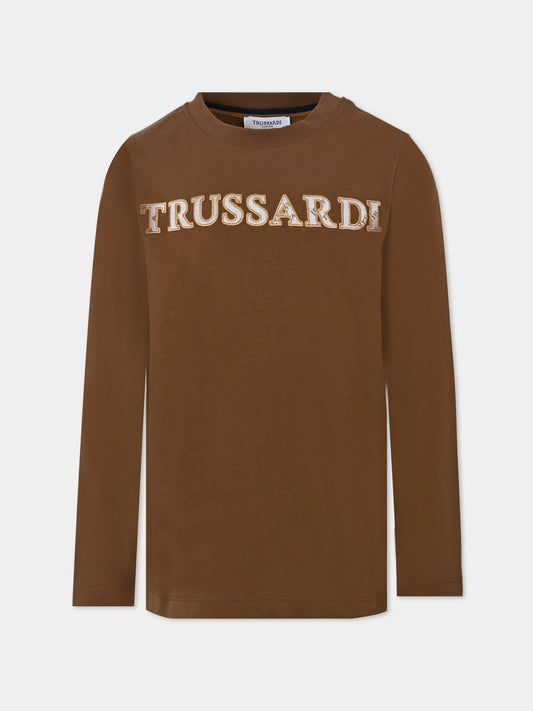 T-shirt marrone per bambino con logo,Trussardi Junior,TBA25044TS PINECONE