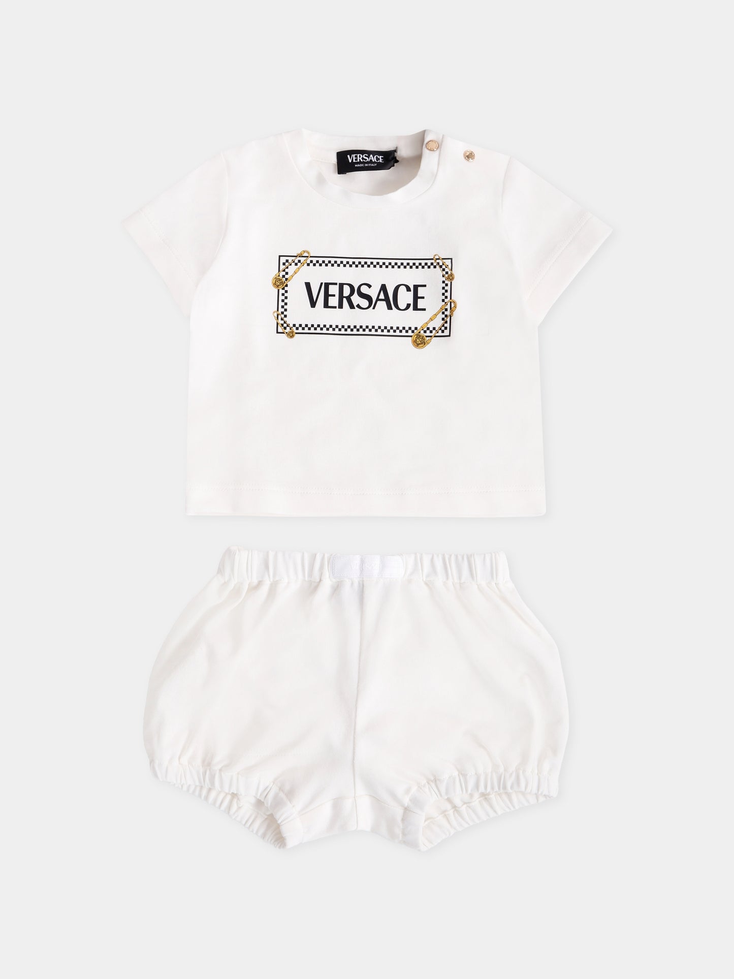 Completo avorio con '90 vintage logo e spille per neonati,Versace,1020939 1A15221 6W010