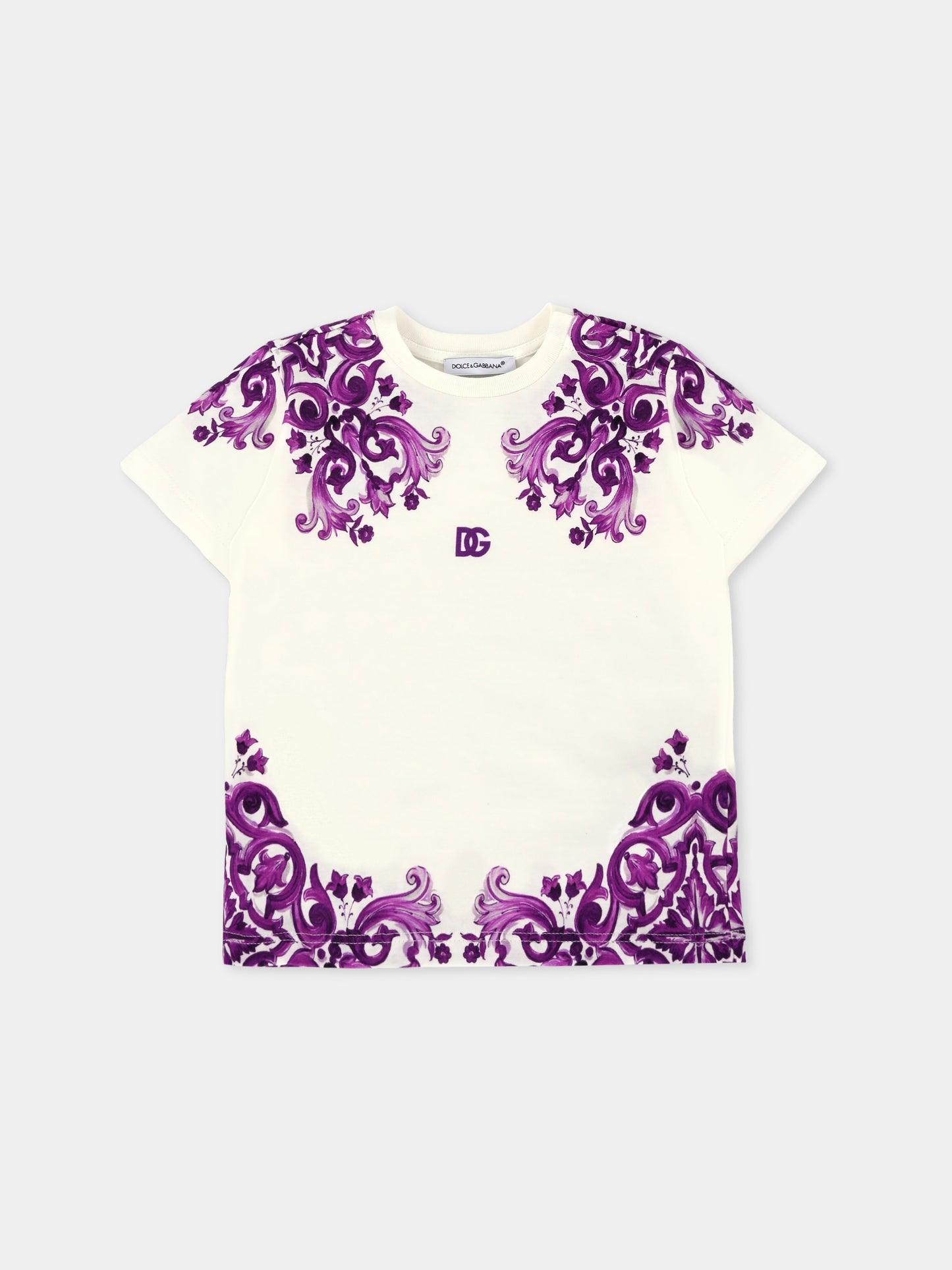 T-shirt bianca per neonata con stampa maioliche,Dolce & Gabbana Kids,L2JTKT II7H3 I23TN