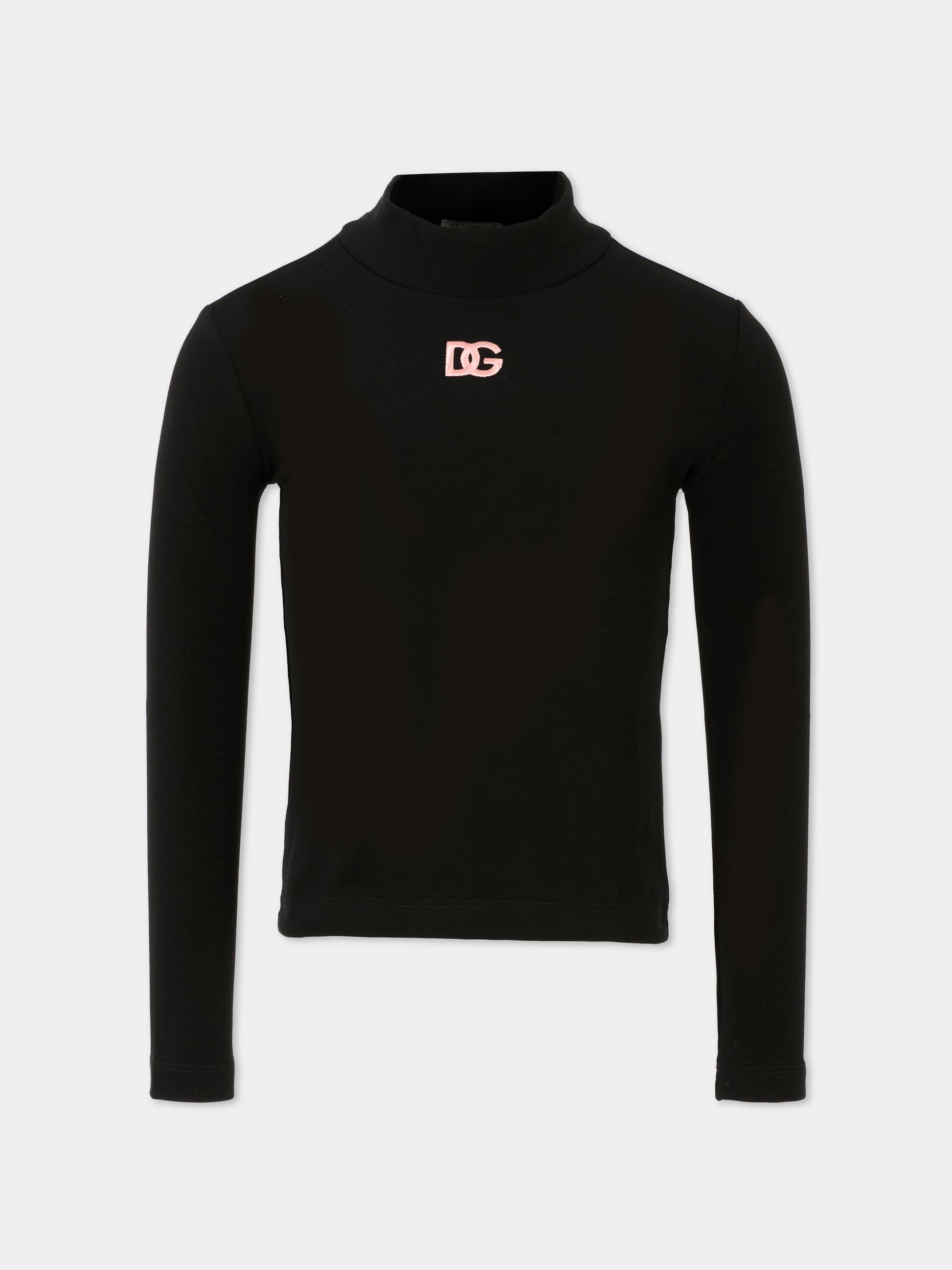 Dolcevita nero per bambina con logo rosa ricamato,Dolce & Gabbana Kids,L5JTLE G7N9L N0000