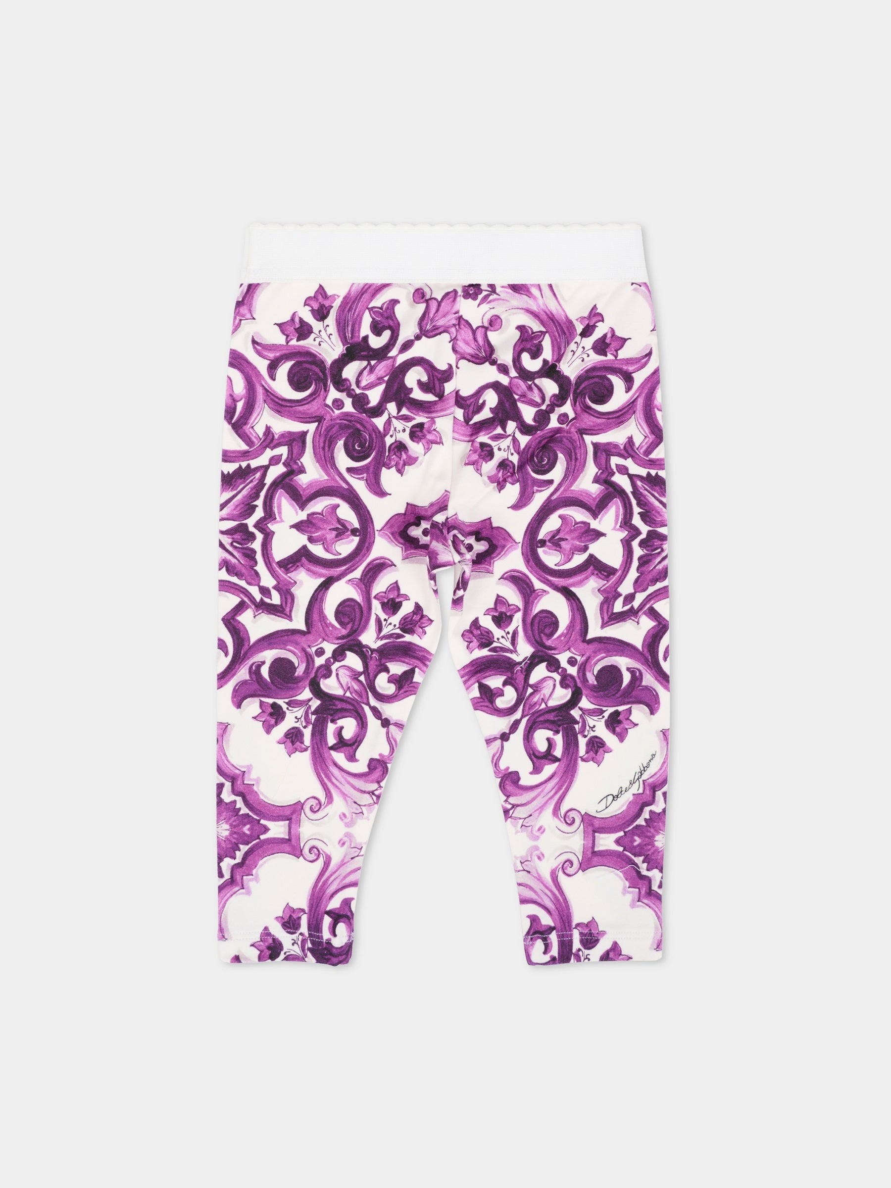 Leggings viola per neonata con stampa maioliche,Dolce & Gabbana Kids,L2JP5B HPGF4 IP3TN