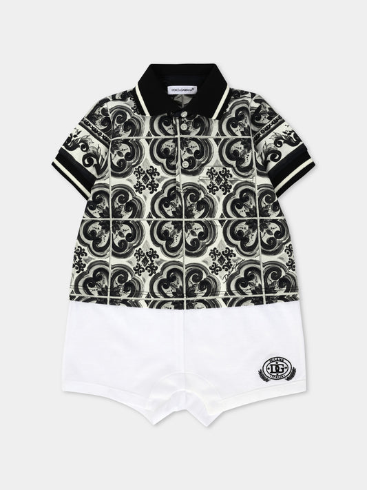Pagliaccetto nero per neonato con stampa maioliche,Dolce & Gabbana Kids,L1JO7A G7PCD IU3TN