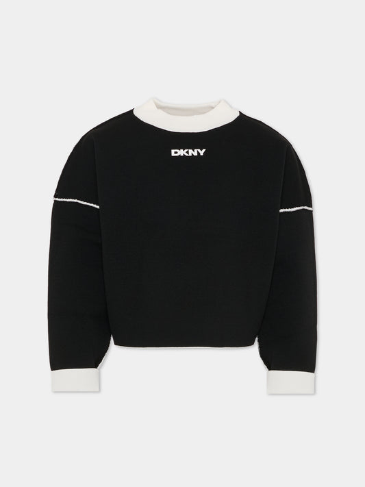 Maglione crop reversibile nero per bambina con logo,Dkny,D62379 M91