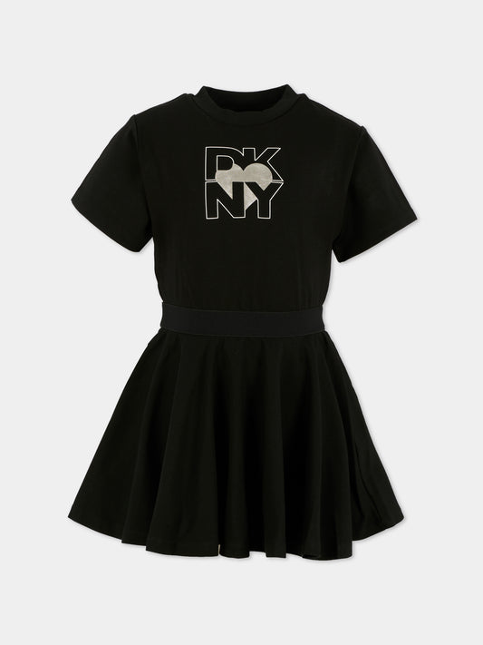 Vestito nero per bambina con logo bianco,Dkny,D62389 09B