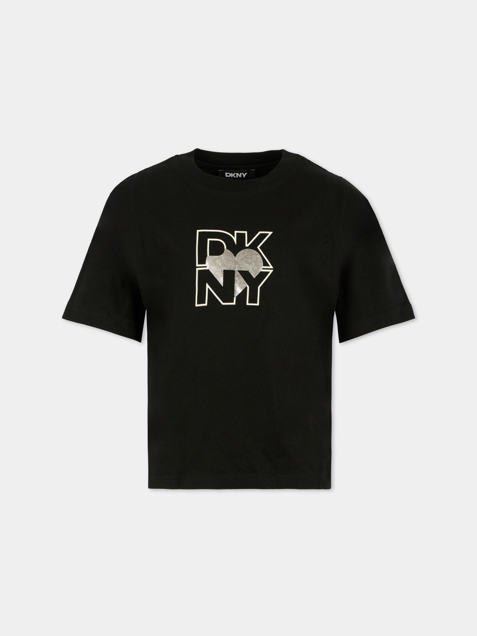 T-shirt nera per bambina con logo e cuore,Dkny,D62417 09B