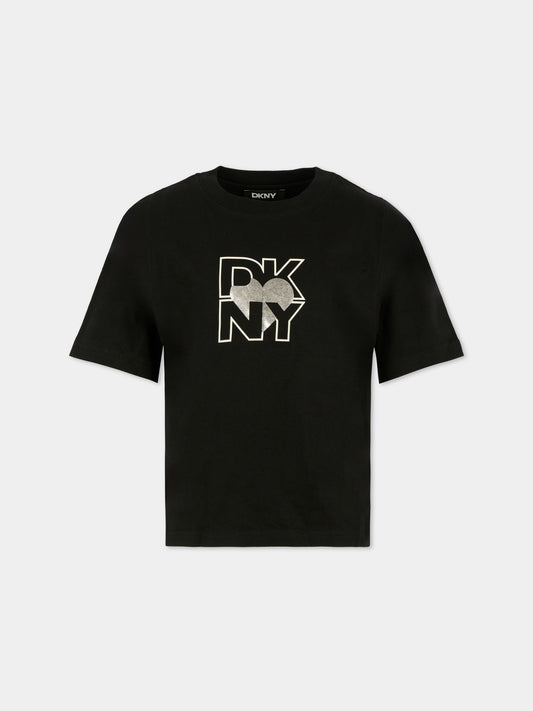 T-shirt nera per bambina con logo e cuore,Dkny,D62417 09B