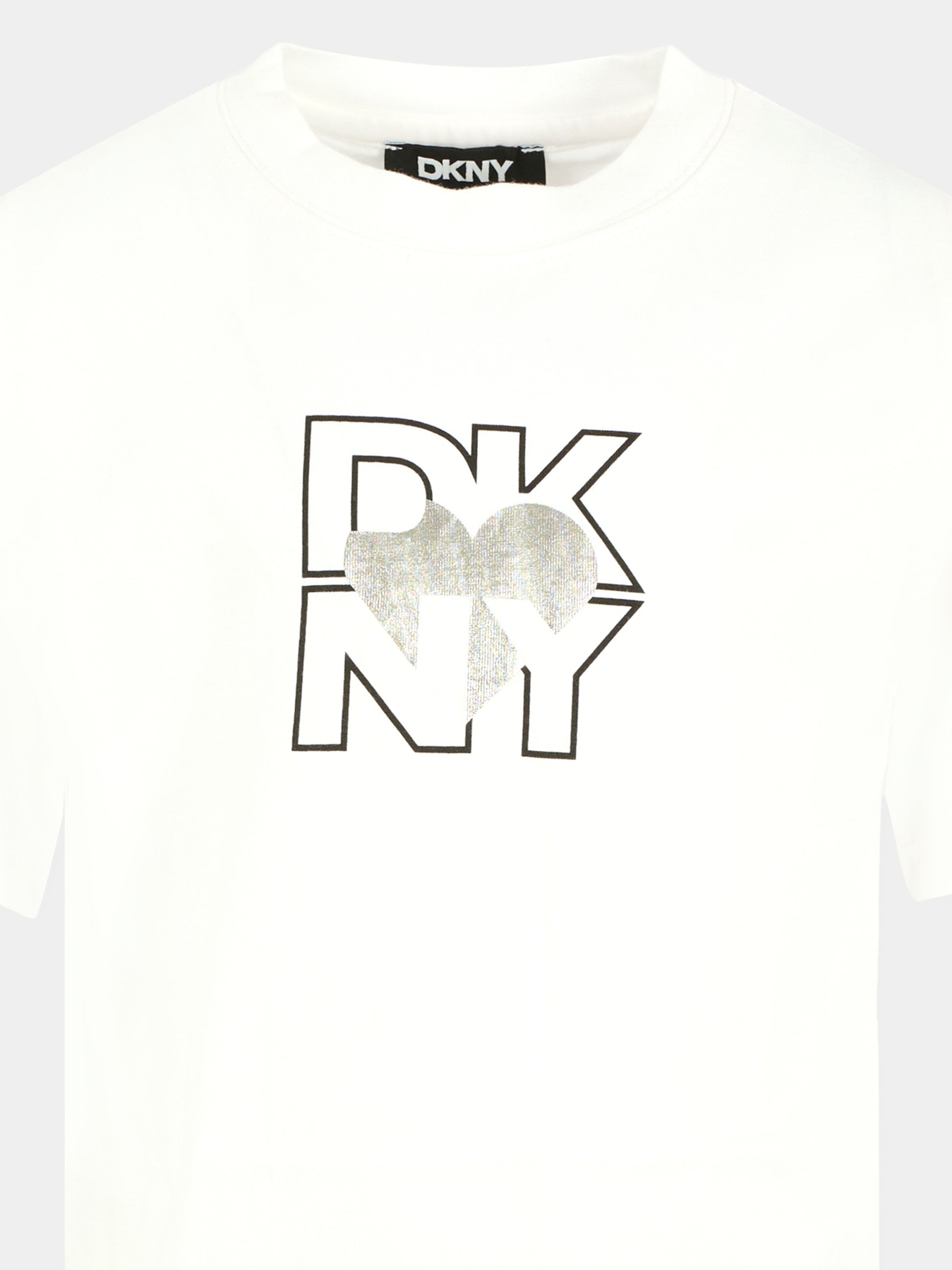T-shirt bianca per bambina con logo e cuore,Dkny,D62417 10B