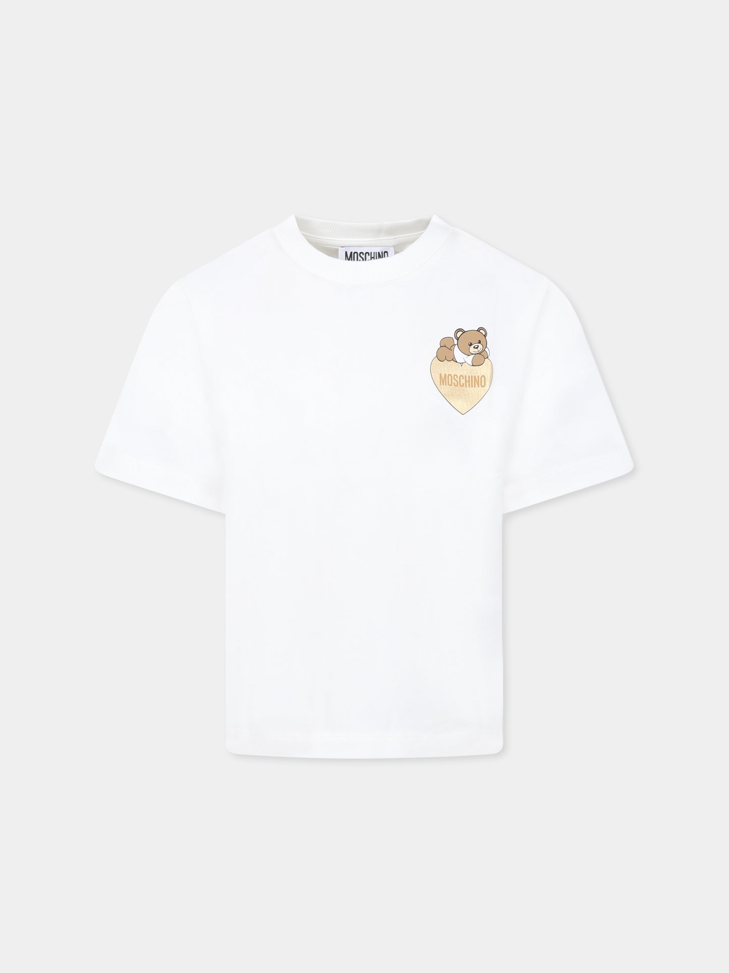 T-shirt bianca per bambina con Teddy Bear e cuore,Moschino Kids,HGM060 LBA11 10063