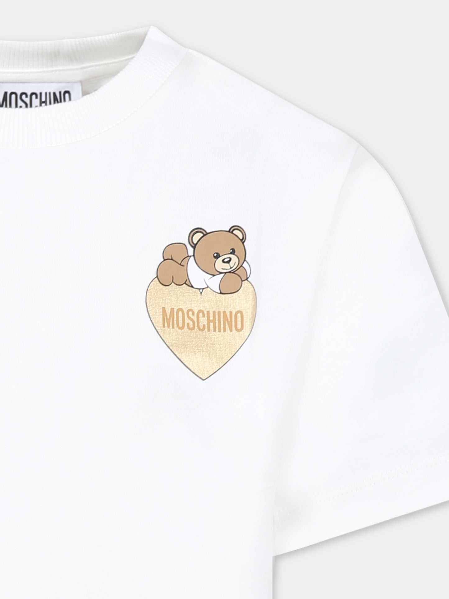 T-shirt bianca per bambina con Teddy Bear e cuore,Moschino Kids,HGM060 LBA11 10063