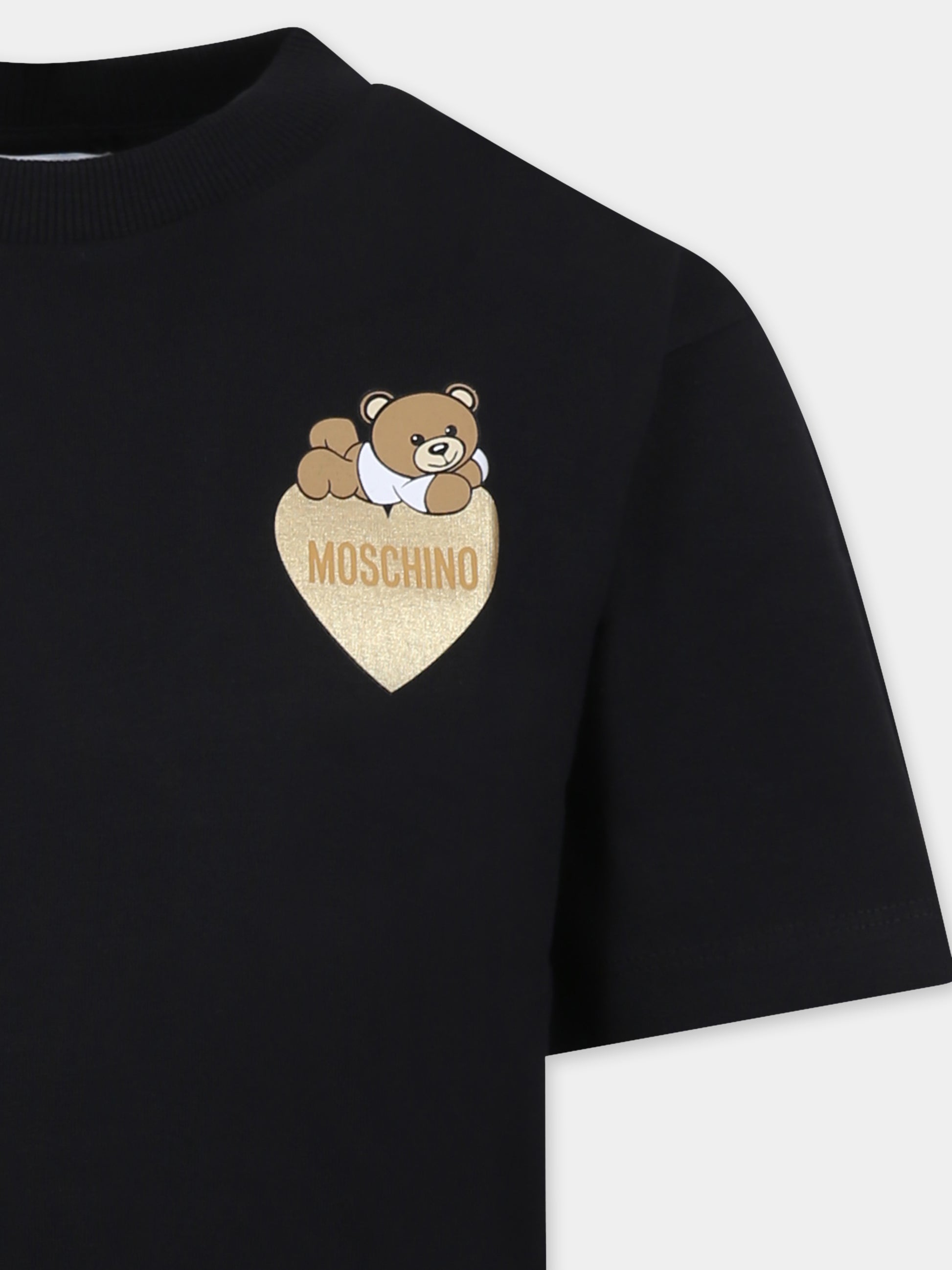 T-shirt nera per bambina con Teddy Bear e cuore,Moschino Kids,HGM060 LBA11 60100