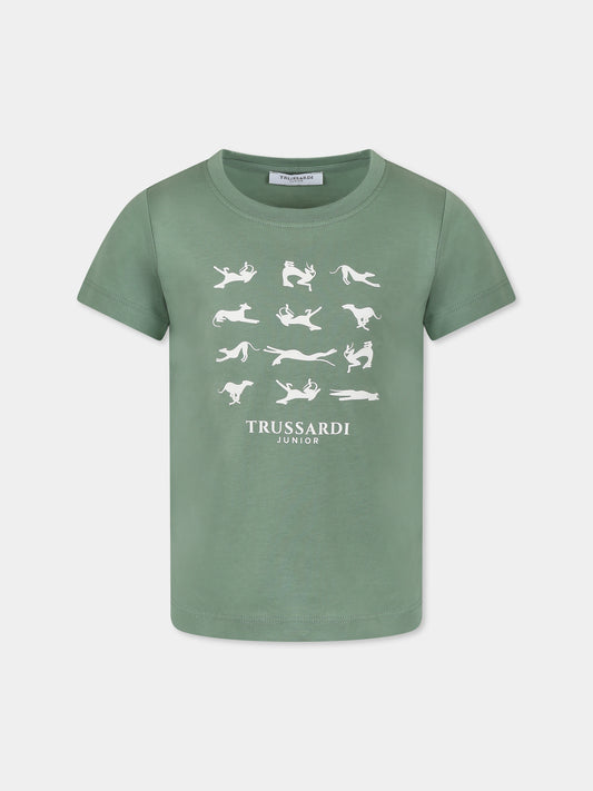 T-shirt verde per bambino con logo e stampa levriero,Trussardi Junior,TBP25091TS LAUREL