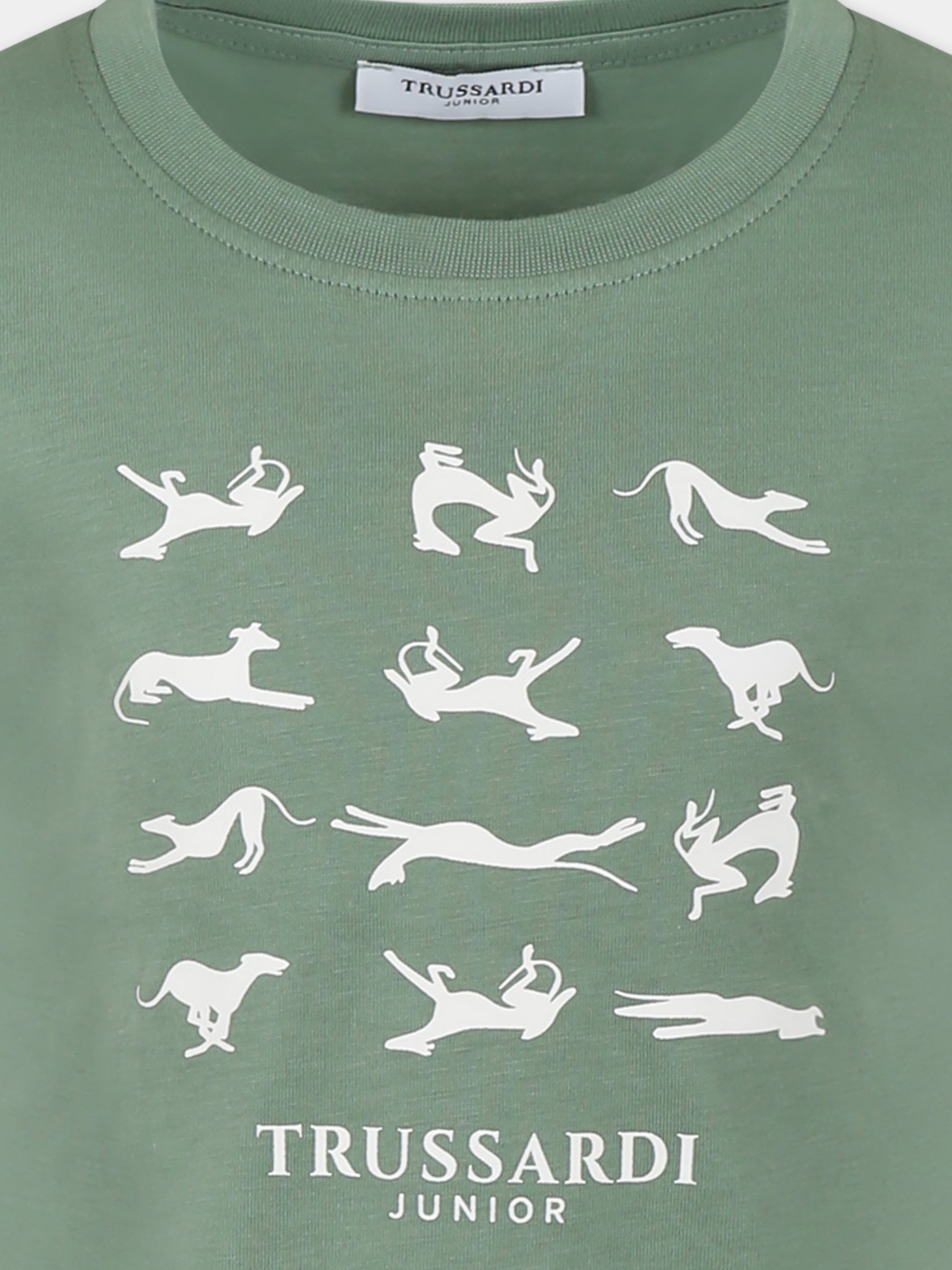 T-shirt verde per bambino con logo e stampa levriero,Trussardi Junior,TBP25091TS LAUREL