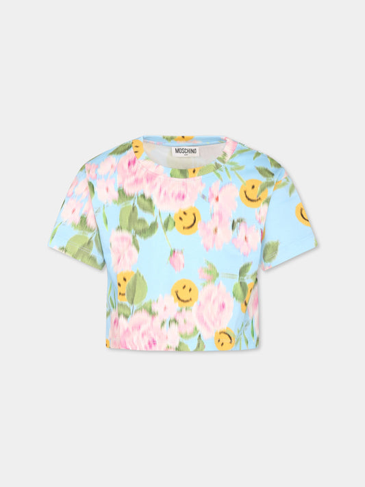 T-shirt crop azzurra per bambina con stampa floreale e smile,Moschino Kids,HDM06S LABA9 84436