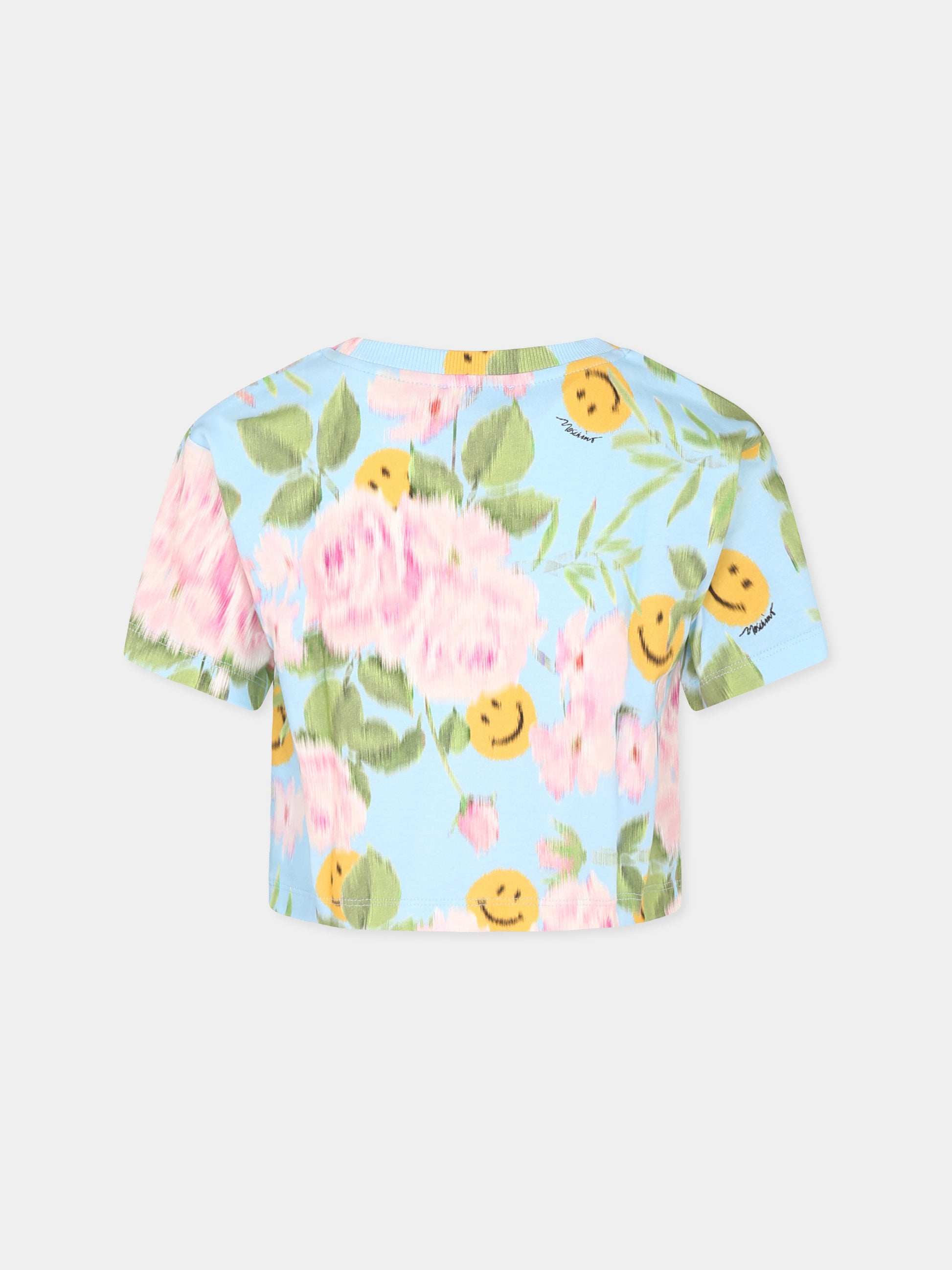 T-shirt crop azzurra per bambina con stampa floreale e smile,Moschino Kids,HDM06S LABA9 84436