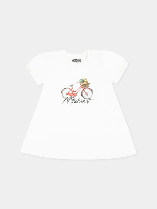 Vestito bianco per neonata con stampa bicicletta,Moschino Kids,MDV0CN LDA13 10101