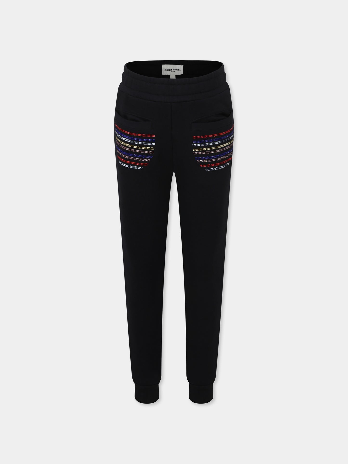 Pantaloni neri per bambina con logo e strass,Sonia Rykiel Paris,A00164 09B