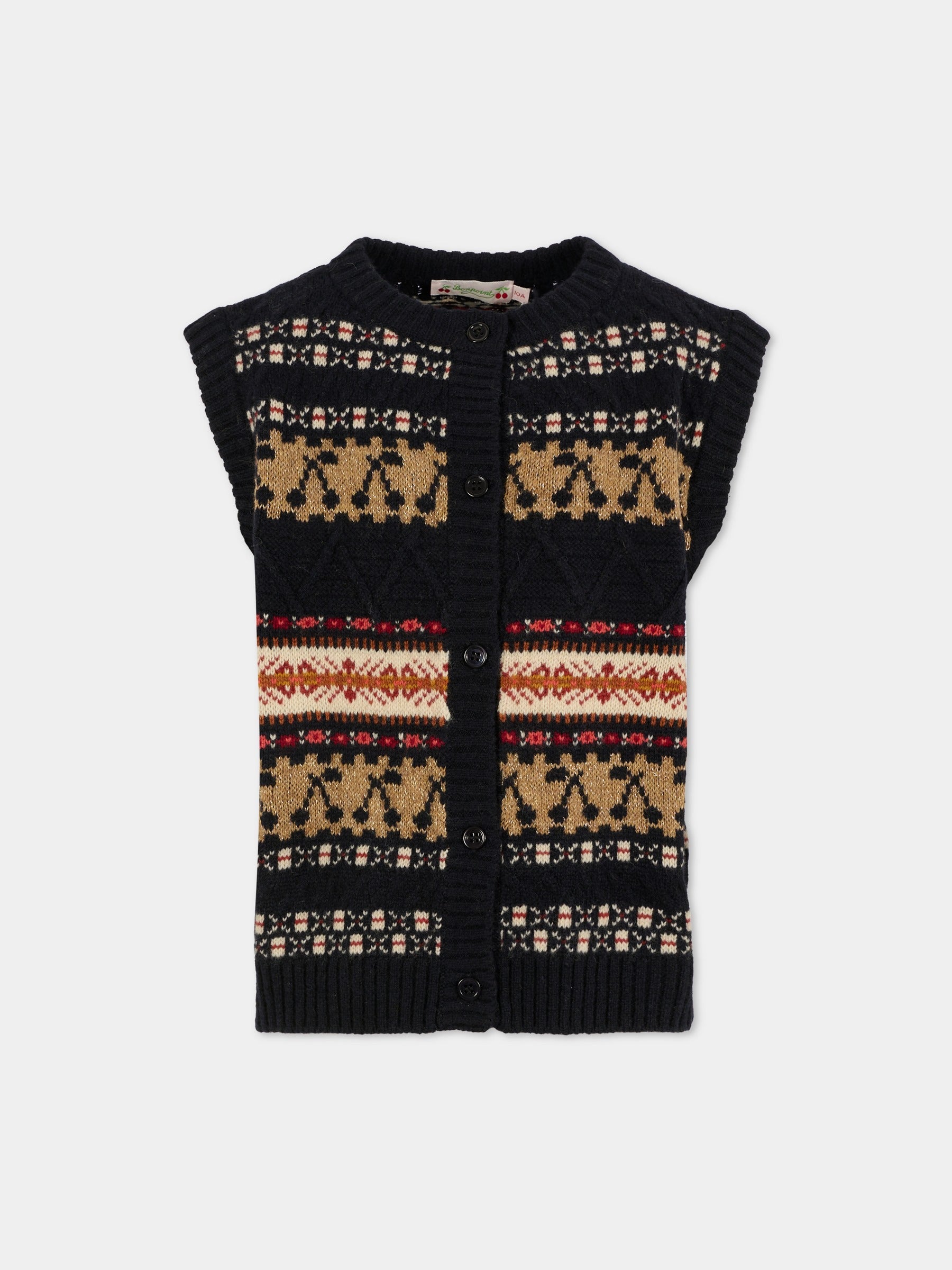 Maglia gilet blu per bambina con ciliegie,Bonpoint,W05GCAK00036 170