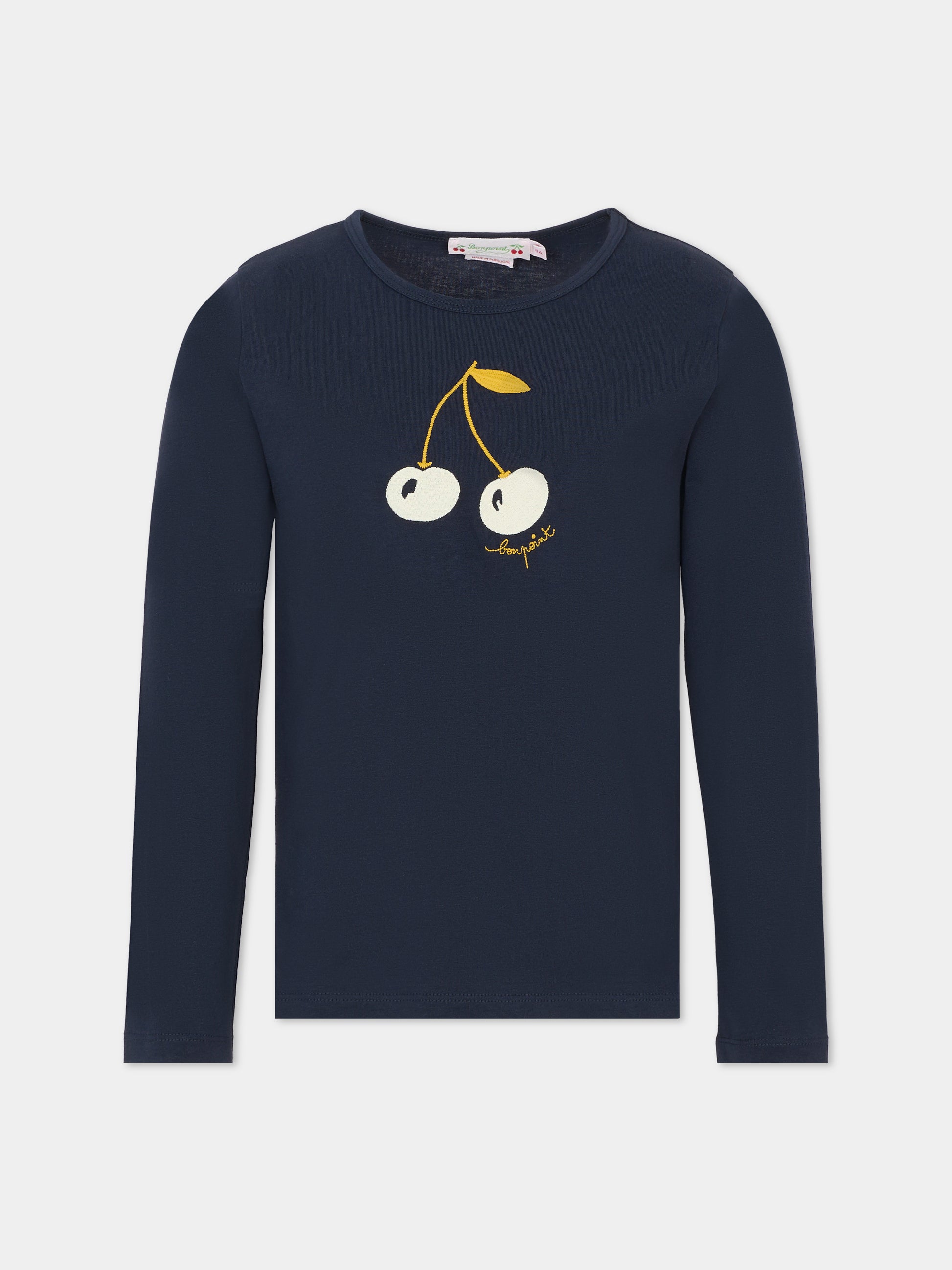T-shirt blu per bambina con ciliegie e logo,Bonpoint,W05GTSK00021 170