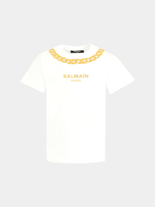 T-shirt bianca per bambina con catena e logo ricamati,Balmain Kids,BX8B71-Z3186 100OR