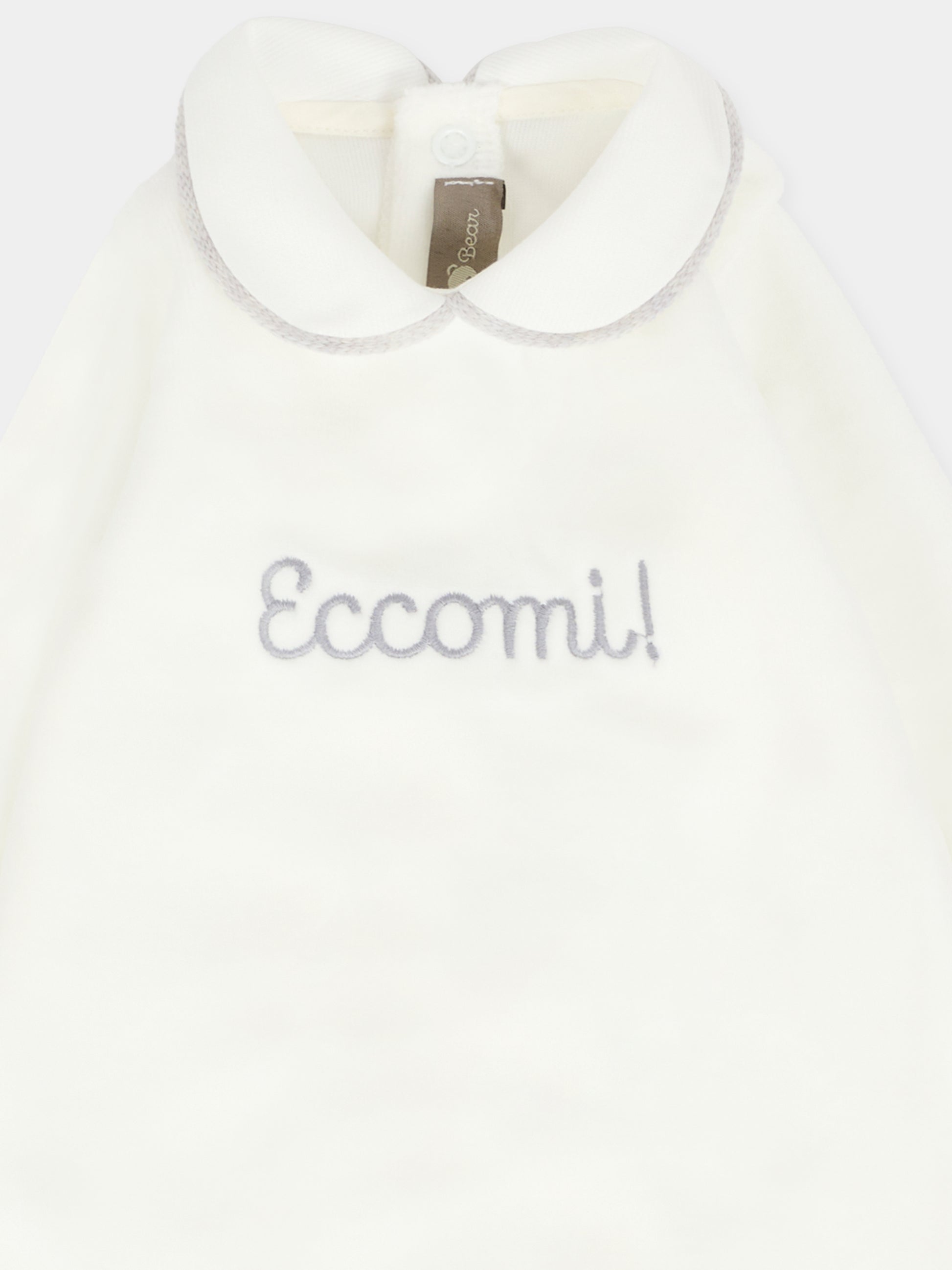 Tutina bianca per neonati con scritta Eccomi,Little Bear,2028 LATTE/GRIGIO
