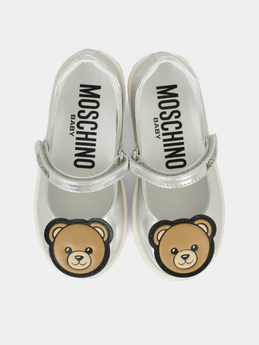 Ballerines argentées pour bébé fille et fille avec Teddy Bear