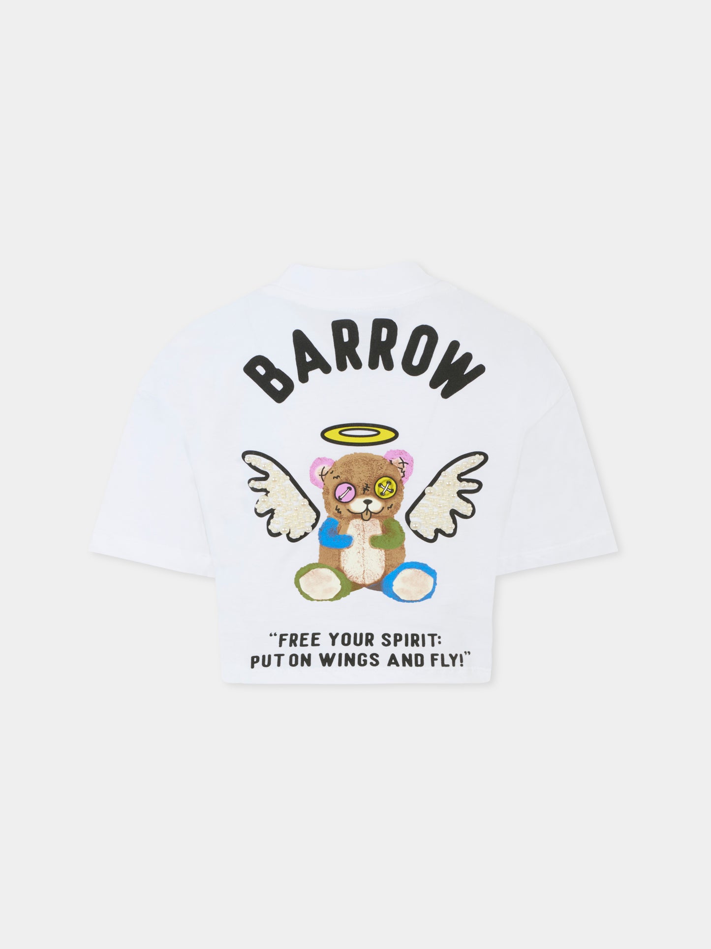 T-shirt crop bianca per bambina con stampa Bear e perle,Barrow,F5BKJGTH185 002