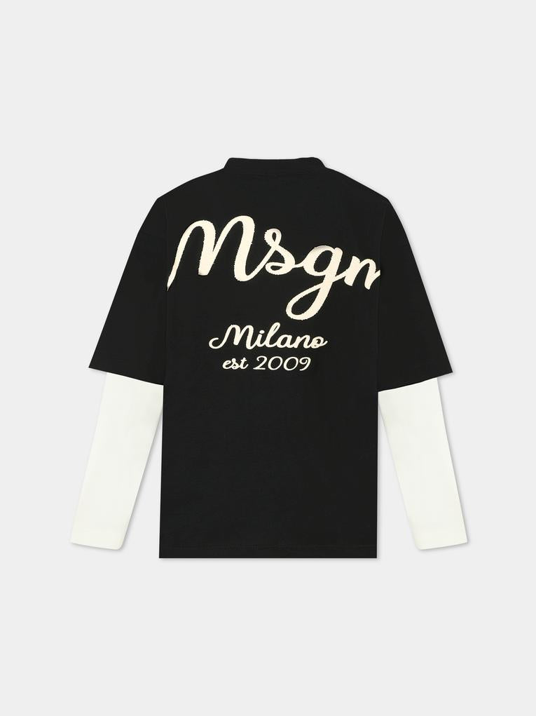 T-shirt nera per bambino con logo avorio,Msgm Kids,F5MSJBTH257 110