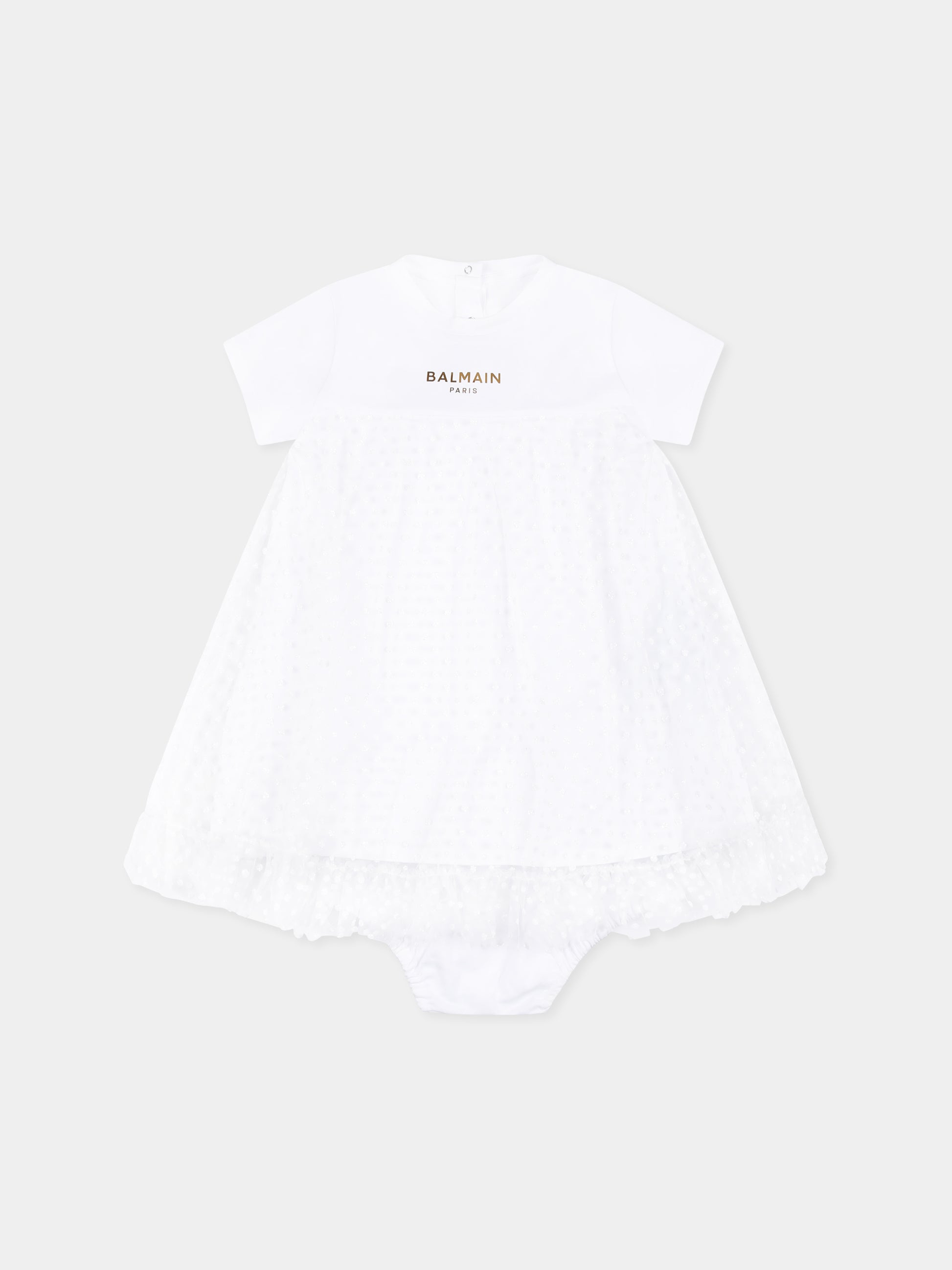 Vestito bianco per neonata con logo e pois,Balmain Kids,BU1041 J0177 100OR