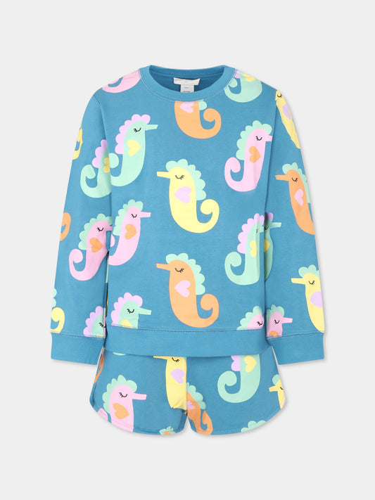Completo blu per bambina con cavallucci marini all over,Stella Mccartney Kids,TU3A60 Z1636 672MC