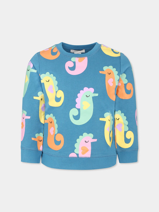 Felpa blu per bambina con cavallucci marini all over,Stella Mccartney Kids,TU4A40 Z1636 672MC