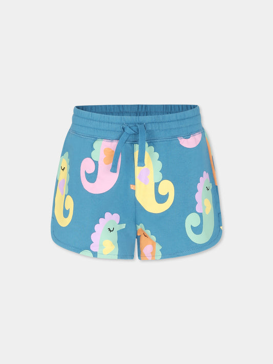 Short bleu pour fille avec hippocampes