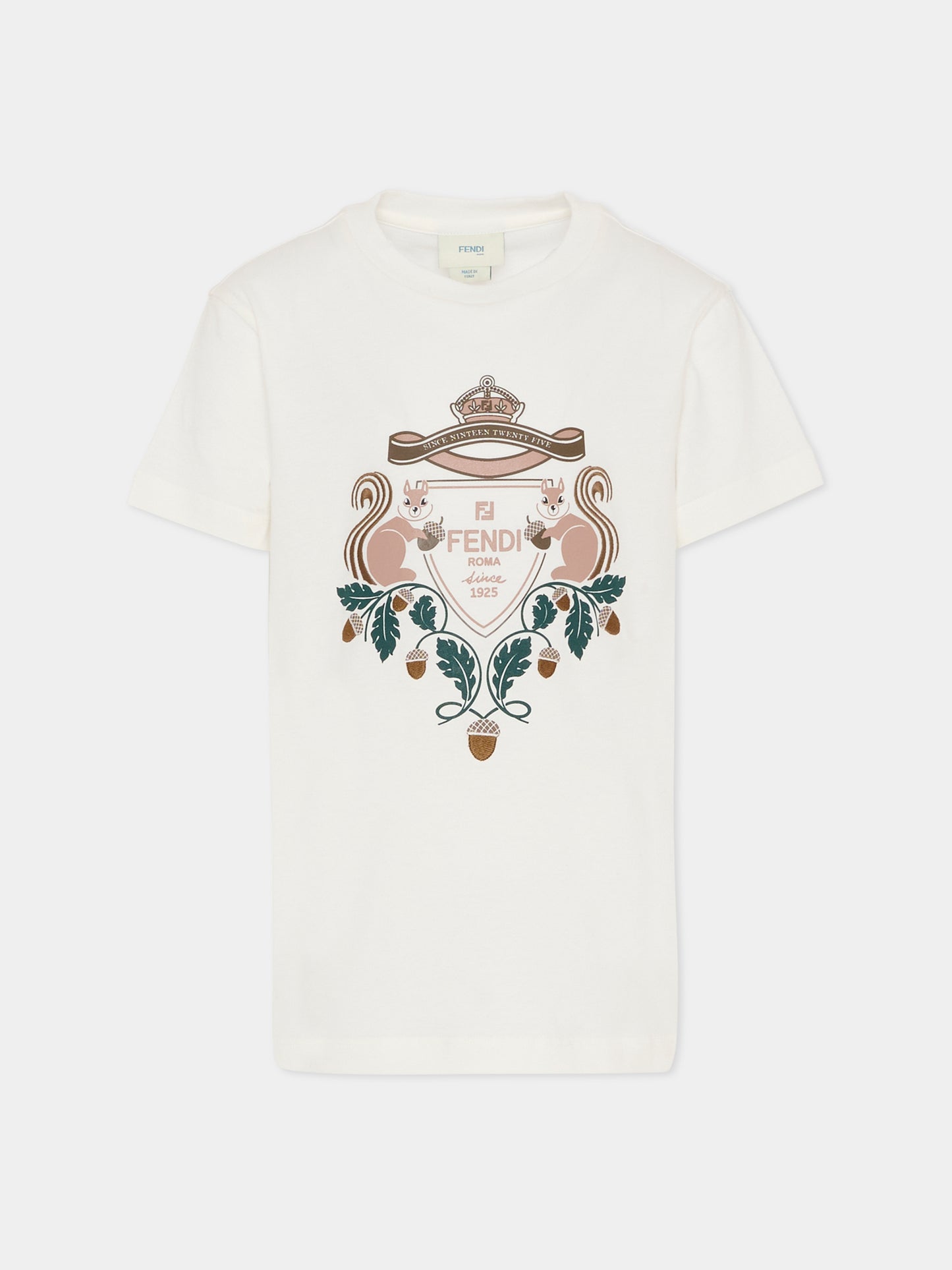 T-shirt bianca per bambini con logo e scoiattolo,Fendi Kids,JMI493 7AJ F0TU9