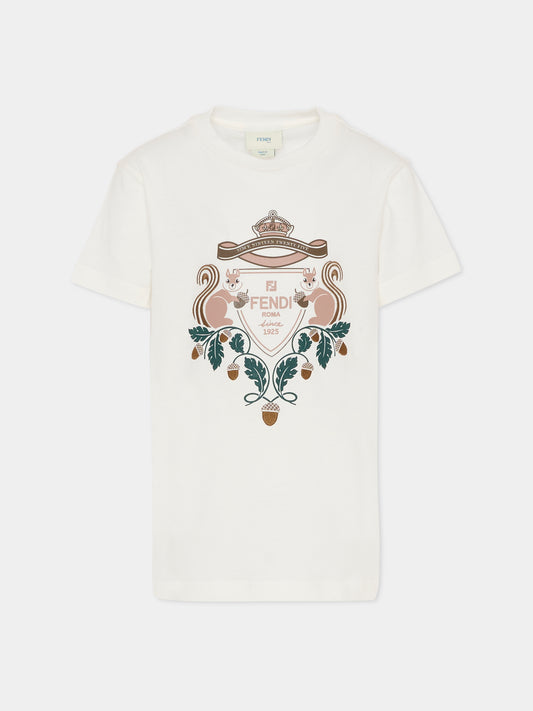 T-shirt bianca per bambini con logo e scoiattolo,Fendi Kids,JMI493 7AJ F0TU9