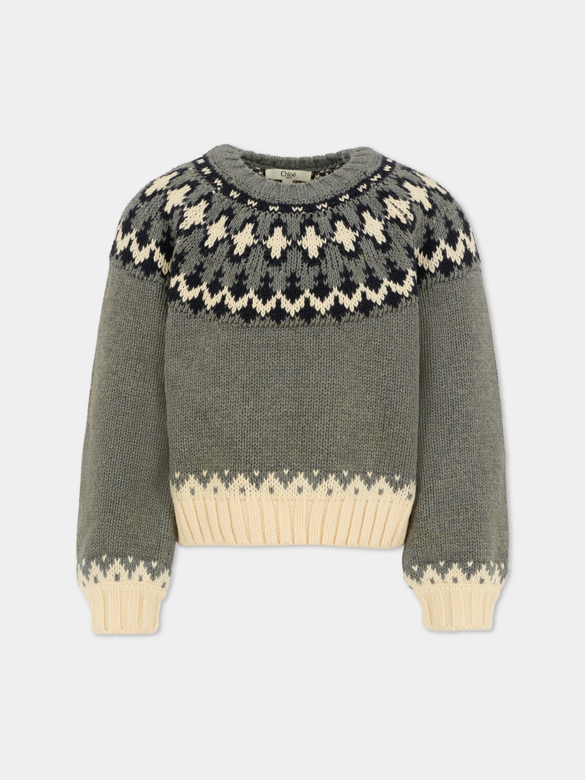 Maglione crop grigio per bambina con motivo nordico,Chloé Kids,C20797 A46