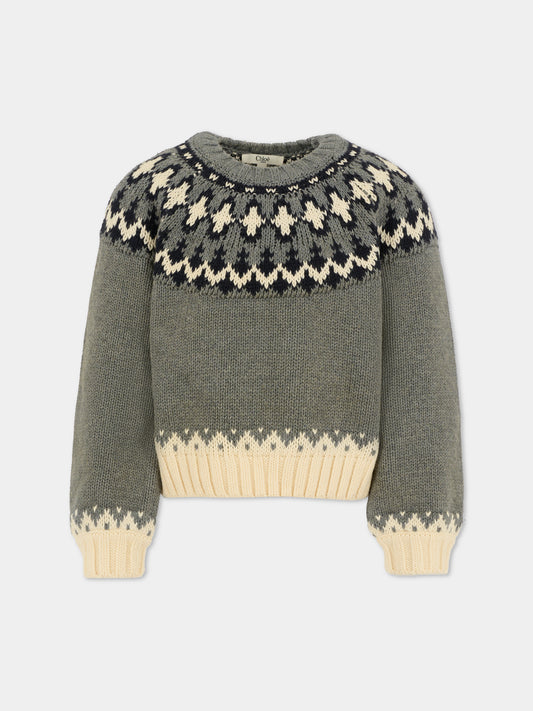 Maglione crop grigio per bambina con motivo nordico,Chloé Kids,C20797 A46